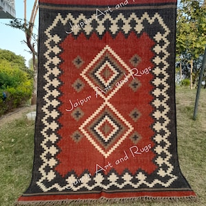 Handwoven Wool Jute Kilim Area Rug: Multicolor Geometric Design