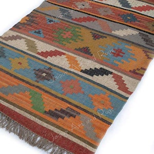 Handmade Jute Kilim Navajo Star Design Orange Rug, Home Decor Area Rug, Wool Jute Rug, Kilim Dhurrie Rug, boho rug, Traditional Indian Rug