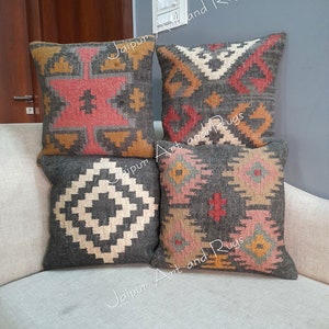 Set of 4 Vintage Kilim Pillow Covers: Handwoven Wool Jute, 18x18 Inch
