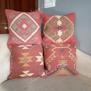 Set of 4: Handmade Wool Jute Pillow Covers - Hand Loomed Indian Cushions