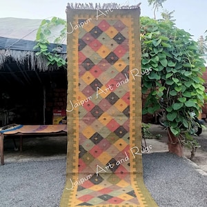 Wool Jute Kilim Runner Rug: Multi-Color Persian Tribal Design