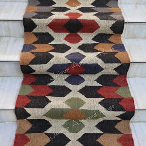 Handwoven Wool Jute Kilim Runner Rug: Bohemian Home Decor