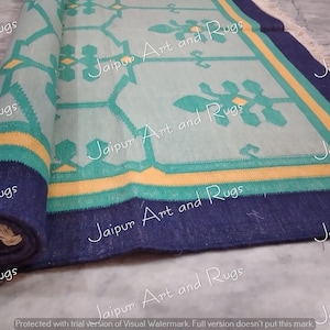 Handwoven Cotton Rug: Blue Indian Floor Mat (4x6)