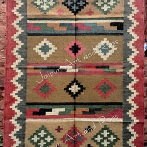 Handmade Navajo Kilim Rug, Aztec Rug, Accent Rug, Outdoor Rug/Indoor Rug, Living/Dinning Room 4X6 Ft. Wool Jute Kilim Rug, Indian DhurrieRug