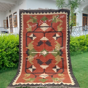 Hand Woven Wool Jute Kilim Rug: Bohemian Home Decor (6x9 Feet)