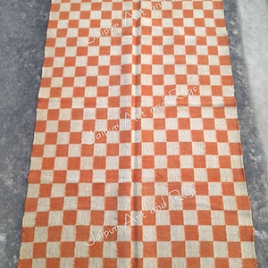 Hand Woven Wool Jute Checkered Rug: Orange Kilim Checker