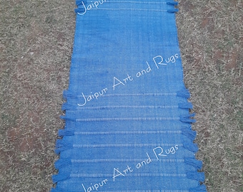 Anti Skid Cotton Blue Mat for Yoga, Pilates, Fitness, and Meditation - Handwoven Area Rug, size 24x72 inches