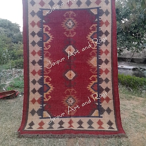Handmade Wool Jute Kilim Rug: Multi Color Area Rug