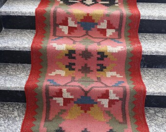 Alfombra Kilim tejida a mano estilo vintage con motivos aztecas, alfombra para escaleras, alfombra Dhurrie de yute, alfombra de lana para pasillo, decoración tradicional bohemia para entrada.