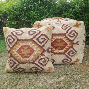 Hand Woven Kilim Pouf Cover: Vintage Jute Wool Ottoman (18x18x18 Inches)