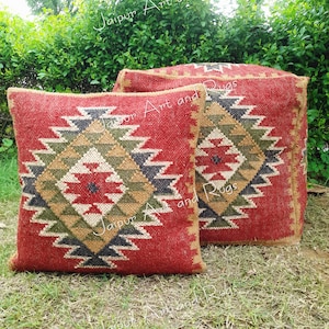 Funda de puf Kilim vintage tejida a mano: otomana de yute y lana (45,7 x 45,7 x 45,7 cm)