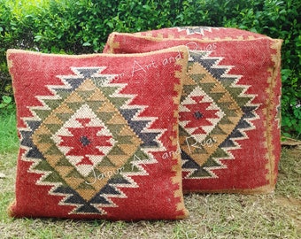 Authentic Kilim Ottoman Footstool Floor Seating Pouffe, Vintage Wool Jute Kilim Pouf Cover, Dimension:45x45x45cms/18x18x18 inches Approx