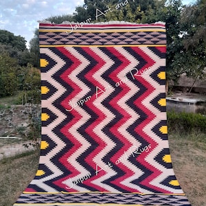 Handwoven Modern Cotton Dhurrie Rug - Zig-Zag Design Blue And Grey Durry, Washable Area Rug, Flat Woven Cotton Rug - 4x6 Feet Indian Rug