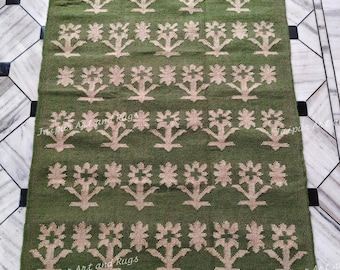 Green Floral Rug, Hallway Kilim Carpet Area Rug , Dining room area rug, Handwoven Stairway runner durries, Custom Size Green Jute Runner rug