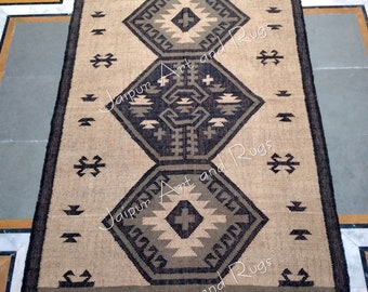 Handwoven Beige Black Kilim Rug | Wool Jute Area Rug | Flatweave Southwestern Home Decor Rug | Moroccan Vintage Stair Decor, Livingroom Rug