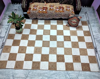 Checkered Jute Area Rug - Handwoven Checkerboard Rug - Natural Fiber Jute Kilim - Scandi Boho Home Decor - Sustainable Neutral Area Rug