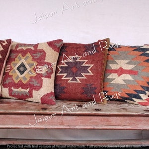 Handwoven Jute Kilim Pillow Cover Set: Bohemian Throw Pillows (18x18 Inch)
