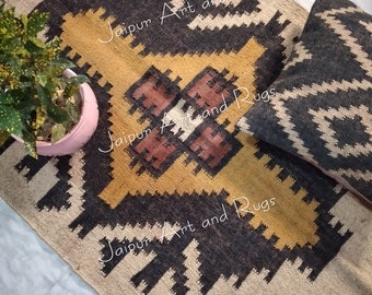 Handmade Wool Jute Kilim Rug, Aztec Design, Handmade Kilim Rug, Navajo Kilim Rug, Aztec Rug, Accent Rug, Outdoor Rug, Bedroom Rug