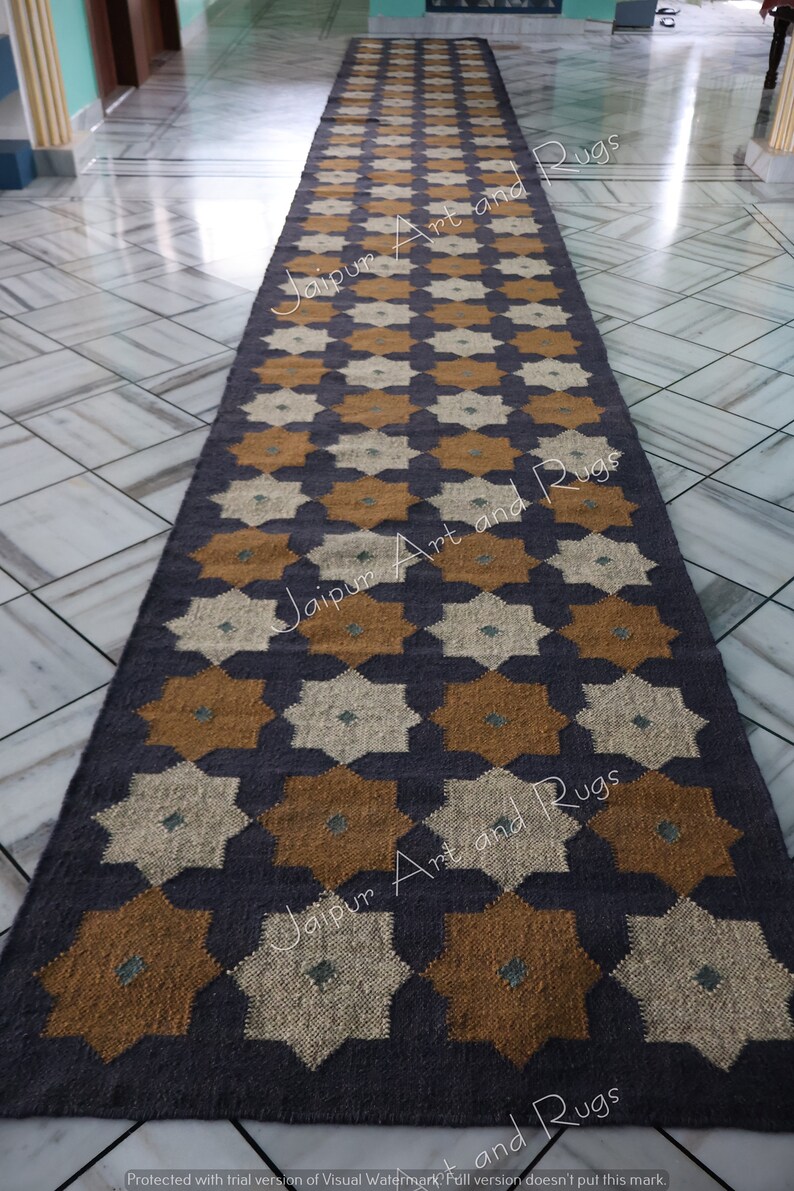 Wool Jute Kilim Runner Rugs, Handwoven Large Area Navajo Carpet