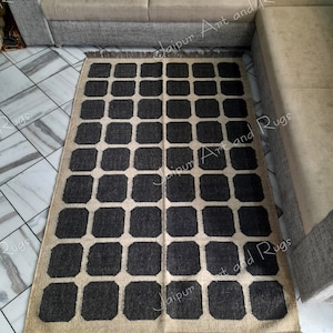 Handwoven Black Checkered Wool Jute Rug - 4x6 ft