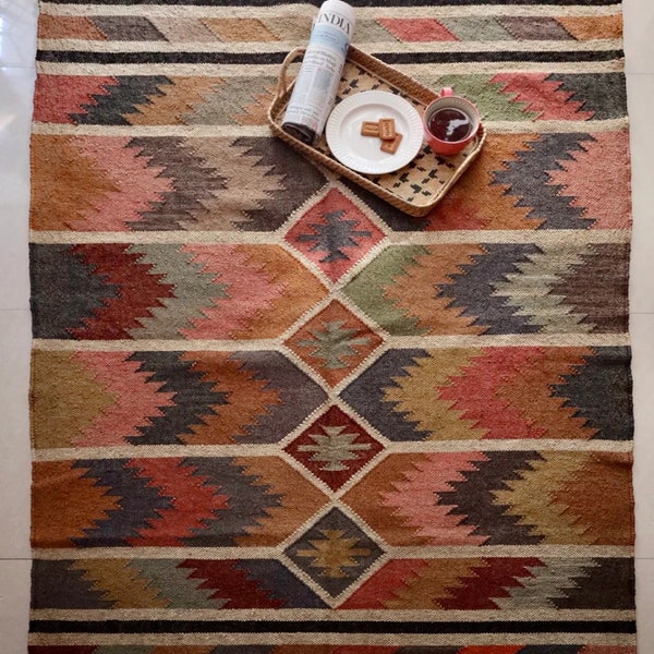 Handmade Wool Kilim Rug, Navajo Kilim Runner Rug, Aztec Rug, Accent Rug, Outdoor/Indoor Rug, Bedroom Rug, wool jute Kilim Rug.