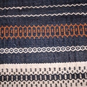 May include: A close-up of a woven fabric with a repeating pattern of brown, white, and black geometric shapes. The fabric has a textured surface and a dark blue background.