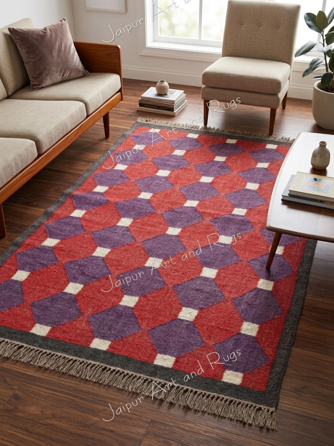幾何学模様のキリムラグ、手織りのダイヤモンド格子柄ドゥリー、赤と紫