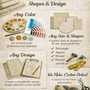 May include: An informational graphic for Jaipur Art & Rug featuring text that reads WE CUSTOMIZE, Any Color, Any Size & Shapes, and We Make Custom Orders. The image displays a paint palette, color swatches, a yellow measuring tape, scissors, a hammer, and clipboards with rug designs on a textured beige background.