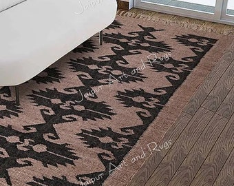 Black beige Kilim Rug, Handwoven Geometric Wool Jute Rug, Handmade Kilim Dhurrie Rug, Traditional Jute Area rug, Flatweave Custom Size Rug