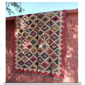 Handmade Wool Jute Kilim Rug: Black & White Aztec Home Decor