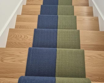Staircase Runner Rug | Swedish-Inspired Premium Wool Runner | Handmade for Bedside, Entryway | Green-Blue Décor | Custom Size Stripes Design