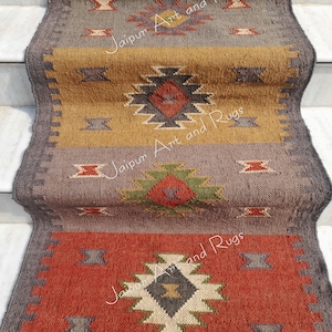 Handwoven Wool Jute Kilim Runner Rug: Indian Dhurrie Design