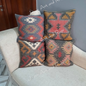 Set of 4 Handwoven Jute Kilim Pillow Covers: Turkish Home Decor