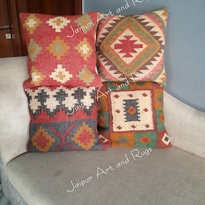 Set of 4 Wool Jute Cushion Covers: Handwoven Decorative Pillow Cases