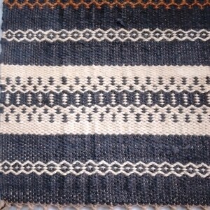 May include: A woven rug with a geometric pattern in shades of brown, black, and white. The rug has a fringe on the bottom edge.