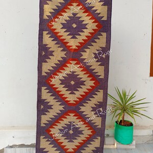 Wool Jute Kilim Runner Rugs, Handwoven Hallway Kitchen Entryway Runner, Outdoor Mat, Living Room Eco Friendly Earthy Persian Stair Runner