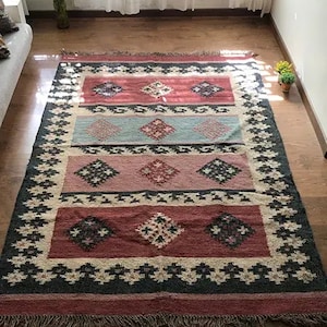 Handmade Wool Jute Kilim Rug, Navajo Kilim Runner Rug,Aztec Rug,Accent Rug,Outdoor/Indoor Rug,Bedroom Rug,Home Decor Rug,Multi Color Rug.
