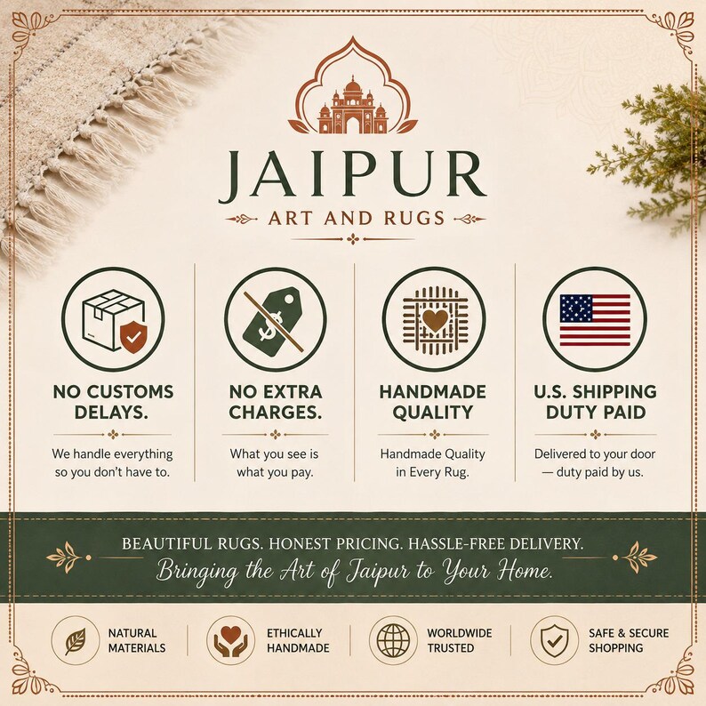 Może przedstawiać: Grafika informacyjna dla Jaipur Art and Rugs z centralnym logo, czterema okrągłymi ikonami reprezentującymi wysyłkę i jakość oraz tekstem opisującym zasady obsługi, w tym brak op&oacute;źnień celnych i brak dodatkowych opłat za dostawę.
