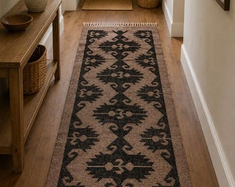 Alfombra Kilim beige y negra, alfombra geométrica de yute y lana tejida a mano, alfombra Kilim Dhurrie hecha a mano, alfombra tradicional de yute, alfombra de tejido plano a medida.
