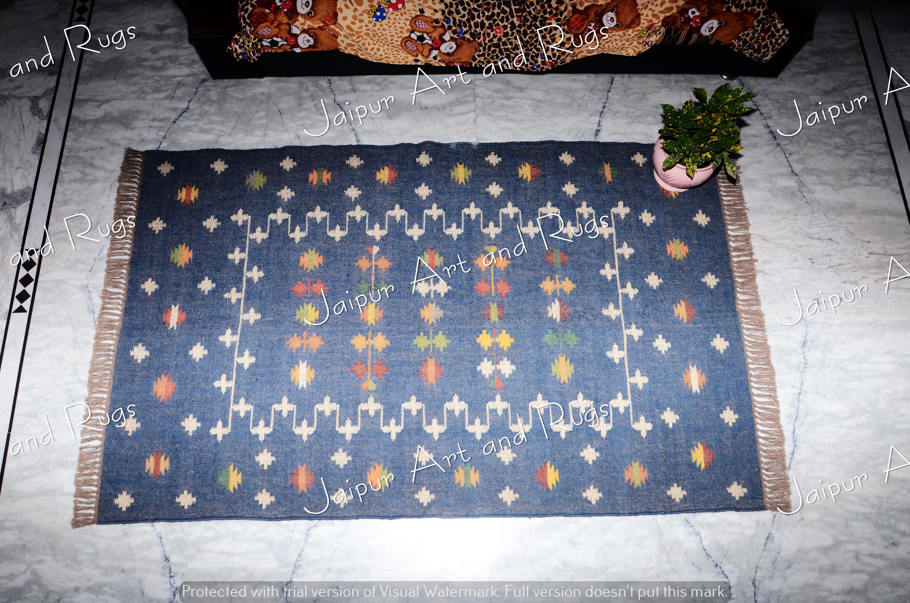 Blue Kilim Navajo Rug, Vintage Southwestern Home Decor, Handmade