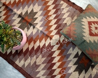 Handmade Wool Jute Rug, Multi Color Runner Rug, Large Area Rug, Home decor Rug, Flatweave Runner Rug, Bricks Design Rug.