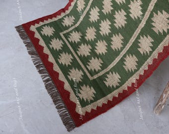 Handmade Jute Kilim Runner Rug, Vintage Home Decor Rug, Large Area Rug, Green Color Navajo Rug, Home and Living Room Rug, Custom Size Rug.