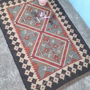 Handmade Wool jute Rug, Navajo Kilim Rug, Aztec Rug, Accent Rug, Outdoor Rug, Bedroom Rug,Handmade Rug, Blue Kilim Rug, Decorative Rug.