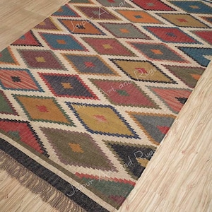 Kilim Rug, Handwoven Rug Wool Jute Rug, Kilim Jute Rug, Flatweave Rug, Bohemian Rug, Indian Dhurrie Rug, Navajo Kilim Rug, Custom Rug