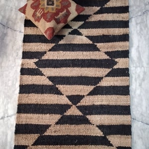 Handmade Jute Hemp Rug: Black & Natural Braided Boho Rug