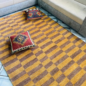 Hand-Knotted Wool Checkered Rug: Brown & Golden Boho Carpet