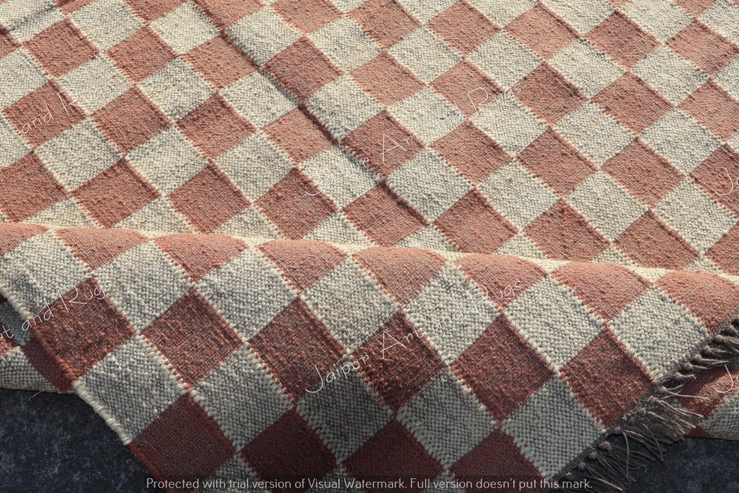 Check Wool Rug Large Checkered Wool Kilim Area Rug , Jute Area Rug, Checkered Runner Large ...