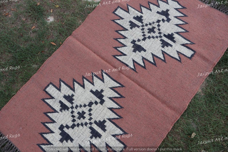 Handmade Wool Jute Kilim Rug, Handwoven Wool Jute Rug, Floral Design