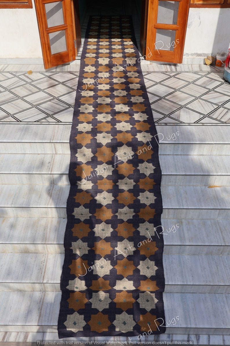 Wool Jute Kilim Runner Rugs, Handwoven Large Area Navajo Carpet