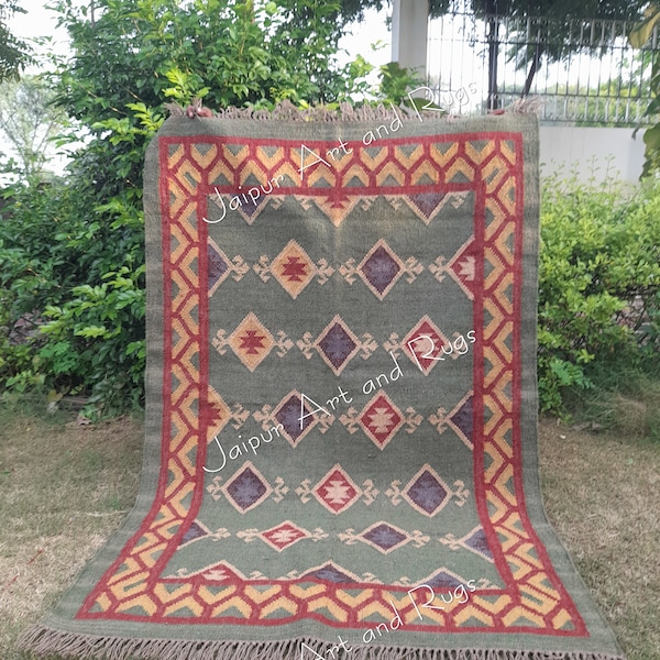 Handmade Wool Jute Rug, Navajo Kilim Rug, Aztec Rug, Accent Rug, Outdoor Rug, Bedroom Rug, wool jute Rug 4x6, 5x8, 6x9,8x10,9x12,10x14 feet.